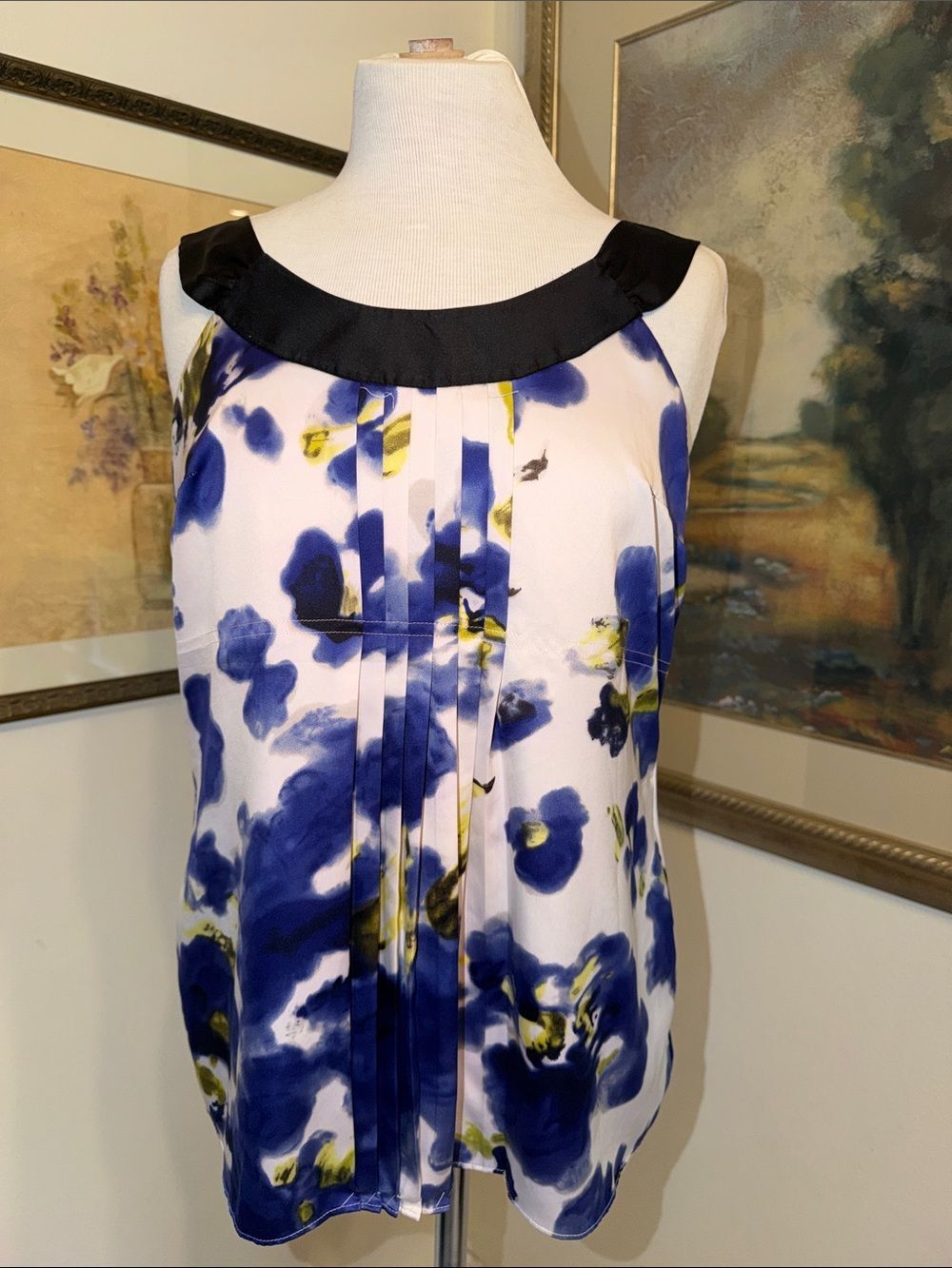 Ann Taylor Petites Watercolor Floral Pleated Shell Top - Blue/White Size MP
